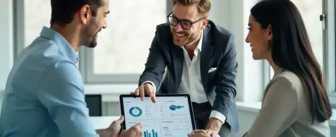 Business consultant explaining retirement plan strategies to help manage employee benefits effectively