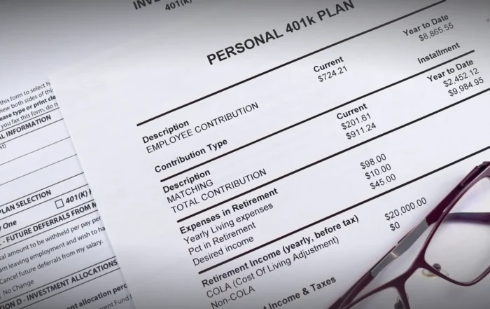 401(k) retirement plan documents showing employee contributions and employer matching