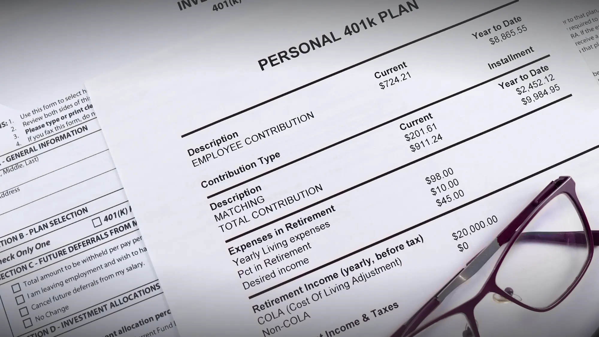 401(k) retirement plan documents showing employee contributions and employer matching