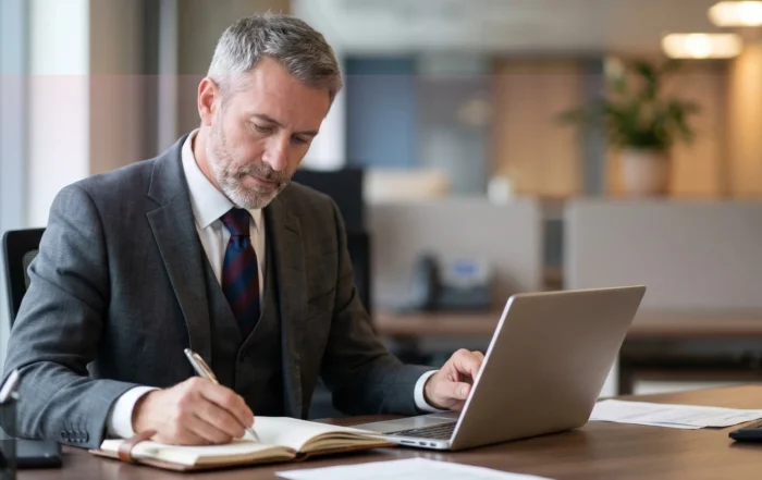 Business professional reviewing retirement plan documents and benefits options for a 401k Pooled Employer Plan in Bloomingdale, FL.